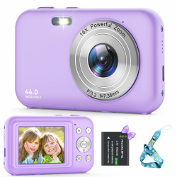 Digitalkamera, Kamera Fotokamera 44MP 1080P HD, Kinderkamera mit 16X Digitalzoom Kompaktkamera, Wiederaufladbare Fotoapparat mit 1 Akku, Kamera für Kinder, Teenager, Anfänger(Lila) 1Battery-Lila Angebot bei HelloDeals