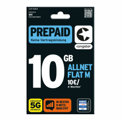 congstar Prepaid ALLNET M SIM-Karte ohne Vertrag I Allrounder Prepaid-Paket in D-Netz-Qualität I 10 GB LTE mit 25 Mbit/s + 10€ Startguthaben I Telefonie & SMS Flat in alle dt. Netze I EU-Roaming inkl. Angebot bei HelloDeals