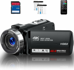 Videokamera 4K Camcorder HD 48MP IR-Nachtsicht Vlogging Kamera für YouTube, Webcam Kamera mit 18X Digitalzoom, 3’’ Touchscreen 30FPS Video Kamera mit 32GB SD-Karte, Fernbedienung, und 2 Batterien Angebot bei HelloDeals