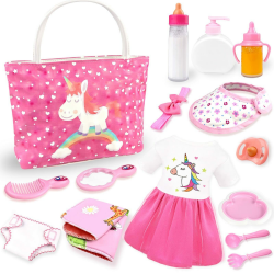 Baby Puppe Zubehör -Babypuppe Fütterung und Pflege Set mit Windel Puppenwickeltasche Flaschen für Mädchen Spielzeug Geschenk, Puppenzubehör Puppenkleidung passen 14-16 Zoll 18 Zoll und 43 cm Puppe Baby-Puppen-Zubehör mit Tasche Angebot bei HelloDeals