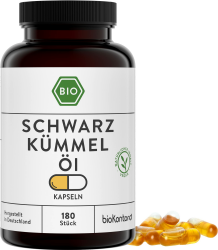 Schwarzkümmelöl Kapseln BIO 180 Stück vegane Kapseln I ägyptisch - naturbelassen - kaltgepresst | 1000 mg pro Tagesdosis - bioKontor Angebot bei HelloDeals