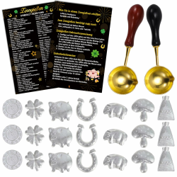 DPKOW 21 Silvester Zinngießen Bleigießen Set, Zinnfiguren und 2 Löffeln Anleitung Orakelheft, Silvester Spiele Neujahrsgeschenke Glücksschwein Kleeblatt Hufeisen Wachsgießen Silvester Blei Gieß Set Angebot bei HelloDeals
