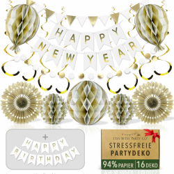 Premium Wiederverwendbare Party Deko - Silvester Deko 2025 - Mehrzweck Girlande Happy New Year buchstabiert auch Happy Birthday - Happy New Year 2025 Deko / Geburtstagsdeko Gold Weiß Weiß & Gold Angebot bei HelloDeals
