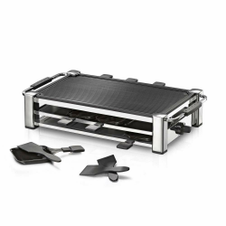 ROMMELSBACHER RCC 1500 Raclette-Grill (extra langes Kabel (2m), Tischgrill für 8 Personen, gerippte Alu-Druckguss-Grillplatte, Xylan Plus Antihaftbeschichtung, Parkdeck, 1500 W) chrom 8 Pfännchen Angebot bei HelloDeals
