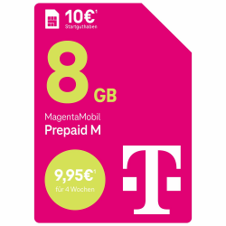 Telekom MagentaMobil Prepaid M mit 8 GB Highspeed-Volumen | 5G/LTE Max & Allnet Flat in alle dt. Netze | unverbrauchtes Datenvolumen weiter nutzen | EU Roaming & Hotspot Flat | 10 EUR Startguthaben neu Angebot bei HelloDeals