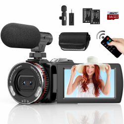 4K-Camcorder, 64 MP 60 FPS Vlogging-Kamera mit kabellosem Mikrofon für YouTube, Ultra HD 7,6 cm Flipscreen, 21 x Digitalzoom Videorecorder-Kamera mit 64 GB SD-Karte, Fernbedienung und 2 Batterien Angebot bei HelloDeals