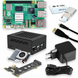 Raspberry Pi 5 8GB PCIe M.2 NVMe - Set | Metallgehäuse | Active Cooler | M.2 NVMe SSD PCIe Board | Offizielles USB-C 27W Netzteil | 64GB SD Karte | 4K Micro HDMI Kabel Angebot bei HelloDeals