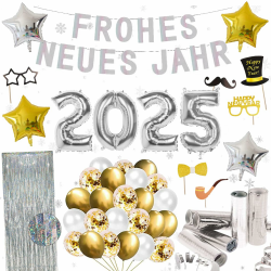 XXL Silvester Deko Set 2025 – XXL “FROHES NEUES JAHR” Girlande, Luftballons, Fotorequisiten, Folienluftballons, Lametta-Vorhang, Luftschlangen Angebot bei HelloDeals