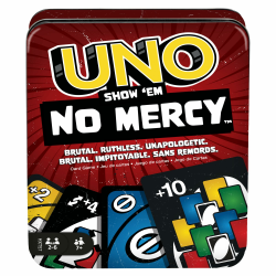 Mattel Games UNO No Mercy Kartenspiel in Einer Aufbewahrungsdose zum Mitnehmen für Kinder, Erwachsene und Familienabende mit zusätzlichen Karten, Sonderregeln und härteren Strafen, HXT57 Angebot bei HelloDeals