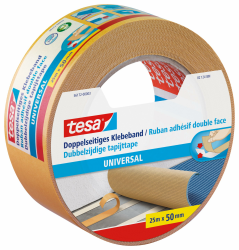 tesa Doppelseitiges Klebeband Universal - Vielseitiges Klebeband für Verpackungen, Deko und Teppiche oder zum Basteln - 25 m x 50 mm 25m:50mm Single Angebot bei HelloDeals