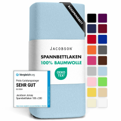Jacobson Jersey Spannbettlaken Spannbetttuch Baumwolle Bettlaken (180x200-200x220 cm, Hellblau) 180x200 - 200x220 cm Hellblau Angebot bei HelloDeals