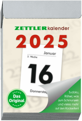 Zettler - Tagesabreißkalender 2025 S, 4,1x5,9cm, Abreißkalender mit Sudokus, Sonnen- und Mondzeiten, Namenstage, hellgraue Patentklammer, mit Aufhängung und deutsches Kalendarium Angebot bei HelloDeals