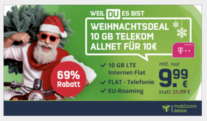 Telekom 10GB LTE Allnet-Flat für 9,99€ mtl. - Weihnachtsdeal