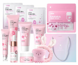 Sakura Sakura Gesichtspflege Set Feuchtigkeit Hautpflege Sets-Serum, Gesichtscreme,Reiniger,Toner,Augenserum, Mask,Schlammmaske, Geschenke Set für Gesicht Reinigung & Pflege (Rosa lila1) Angebot bei HelloDeals