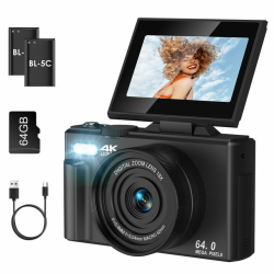 LAMA Digitalkamera 4K 64MP Mini Digitalkameras 3,0 Zoll Fotokamera mit 64G SD-Karte, 180° Flip-Screen 18X Zoom Kompaktkamera Digital Kamera Fotokamera für Anfänger Kinder Teenager (Schwarz) Angebot bei HelloDeals