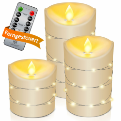 KESSER® LED Kerzen 3er Set Flammenlose Kerze Timerfunktion Timer Echtwachskerze 10cm 12,5cm 15cm Hoch Realistisch Flackernde Flacker-Licht Led-Flammen Echtwachs Deko Traditionell Weiß / Traditionell 3er Set Angebot bei HelloDeals