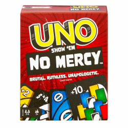 UNO Show 'em No Mercy - 56 zusätzliche Karten, harte Aktionskarten und brutale Spielregeln für die gnadenloseste Version, Stapelregel und Handkartentausch, ab 7 Jahren, HWV18 Angebot bei HelloDeals