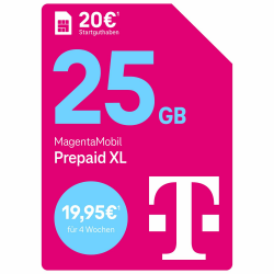 Telekom MagentaMobil Prepaid XL mit 25 GB Highspeed-Volumen | 5G/LTE Max & Allnet Flat in alle dt. Netze | unverbrauchtes Datenvolumen weiter nutzen | EU Roaming & Hotspot Flat | 20 EUR Startguthaben neu Angebot bei HelloDeals