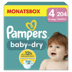 Pampers Windeln Größe 4 (9-14kg) Baby-Dry, Maxi, MONATSBOX, bis zu 12 Stunden Rundum-Auslaufschutz, 204 Stück Größe 4 (204 Stück) NEU Angebot bei HelloDeals