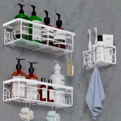 Lehuveky Duschablage ohne Bohren - 3 Stück Schwarz Duschregal - Rostfrei Badezimmer Regal mit Zahnbürstenhalter - Große Badregal Shampoo Halterung für Dusch B Weiß Angebot bei HelloDeals