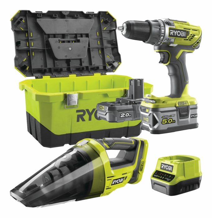 Ryobi Tools R18DD3-252VT 18V 2er Combo-Set Akku-Bohrschrauber und Akku-Handsauger Akkuset im Werkzeugkoffer