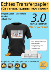 TransOurDream A4X20 Blatt+2 Silikonpapier, Echte Inkjet/Laser Transferfolie,Bügelfolie für Dunkle Textilien,T-Shirt Papier für dunkle T-Shirts, Textilienfolien,Transferpapier,T Shirt Folie Dunkel -A4-20 Blatt Angebot bei HelloDeals