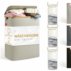 Blumtal Wäschekorb 3 Fächer 150L mit 3 herausnehmbaren Wäschesäcken, Wäschekorb beige, Wäschesammler 3 Fächer, Pfandflaschen Sammelbehälter, laundry basket, Wäschekorb mit Deckel, Wäschebox 150L Beige Angebot bei HelloDeals