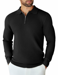 COOFANDY Herren Pullover Polokragen Half Zip Polo Pullover Strickpullover Einfarbig Sweater Pulli Reißverschluss Poloshirt Schwarz L Angebot bei HelloDeals