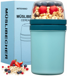 Müslibecher to Go 600ml+270ml,Joghurtbecher to Go Kinder mit Löffel,Müsli Cup to Go Becher,Cornflakes to Go,Müslibecher Müslidose Müslischale Frühstücksdose Müslibox,Joghurt Box to Go (Blau) Angebot bei HelloDeals