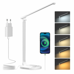 HASKARE Schreibtischlampe LED Dimmbare Tischlampe, 5 Farbmodi und 5 Helligkeitsstufen Blendfreie Augenschutz-Desk Lamp, USB-Ladeanschluss，Mit 5V/2A Netzadapter（Weiß） Silber Weiss Angebot bei HelloDeals
