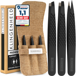 KLINGENHELD® Profi Pinzetten-Set mit ComfortGrip-Spitzen & Anti-Rutsch Griff - Maximaler Halt & höchste Präzision - inkl. Baumwoll-Etui 100% plastikfrei & nachhaltig - Pinzette Augenbrauen zupfen Schwarz Angebot bei HelloDeals