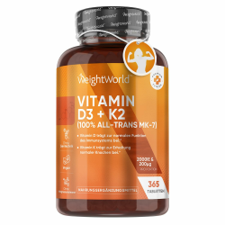 Vitamin D3 K2 2000 IE - 2 Jahr Vorrat - 365 Tabletten mit 200μg Vit K2-100% All-Trans MK-7-1 Tablette/2 Tage - Kleine Tabletten aus natürlichen Zutaten - Vegane Quelle (Flechten) - WeightWorld Angebot bei HelloDeals