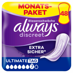 Always Discreet Inkontinenzeinlagen Ultimate Day, 48 Binden (4 x 12 Stück) für Damen, Monatspaket, starker Schutz bei Blasenschwäche, den Sie kaum spüren Angebot bei HelloDeals