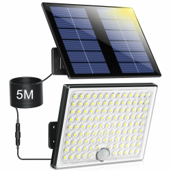 Solarlampen für Außen,Solarleuchte mit Bewegungsmelder,113 LED Solar Strahler IP65 Wasserdichte Solar-Split Wandleuchte mit 5m Kabel für Garage, Garten, Hof, Stufen, Haustüren, Rasen Kaltweiß 1 Stück Angebot bei HelloDeals