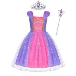 ACWOO Mädchen Prinzessin Kostüm, Rapunzel Lang Kleid Party Cosplay Verkleidung Festlich Karneval Festkleid Maxikleid Geburtstagsfeier mit Krone und Zauberstab 120 Angebot bei HelloDeals