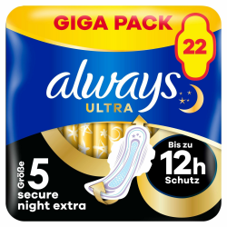 Always Ultra Binden Damen Gr. 5, Secure Night Extra (22 Damenbinden mit Flügeln) Giga Pack, dünn und super saugfähig, geruchsneutralisierend und Auslaufschutz Angebot bei HelloDeals