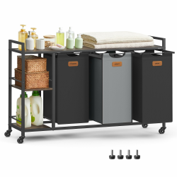 VASAGLE Wäschekorb 3 Fächer, Wäschesammler 150 L, Wäschesortierer, Rollen, Wäschewagen mit Ablagen, Wäschesack, mit abnehmbaren Taschen, 6 Etiketten, kastanienbraun-tintenschwarz-taubengrau BLH312B01 Kastanienbraun + Tintenschwarz + Taubengrau 150 L Angebot bei HelloDeals