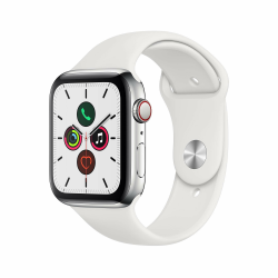Apple Watch Series 5 (GPS + Cellular, 44 mm) - Edelstahlgehäuse Silber Weiß Sportarmband (Generalüberholt) Angebot bei HelloDeals