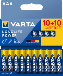 VARTA Batterien AAA, 20 Stück, Longlife Power, Alkaline, 1,5V, ideal für Spielzeug, Funkmaus, Taschenlampen, plastikfreie Verpackung, Made in Germany Angebot bei HelloDeals