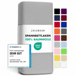 Jacobson Jersey Spannbettlaken Spannbetttuch Baumwolle Bettlaken (180x200-200x200 cm, Grau) Angebot bei HelloDeals