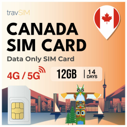 travSIM Kanada SIM-Karte | 12GB - NUR Daten | 4G/5G Geschwindigkeiten | Verwenden Sie Kanada SIM-Karte in CA & USA | Plan auf der kanadischen SIM-Karte ist für 14 Tage gültig 14 Days - 12GB Angebot bei HelloDeals