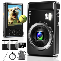 Digitalkamera 4K Fotokamera 64MP - mit 32 GB Speicherkarte Digital Camera16X Digitalzoom Einfache Tragbare Fotoapparat und wiederaufladbare 2 1200mAh Batterien für Kinder Teenager Senioren Anfänger Full-Size Dark_black Angebot bei HelloDeals