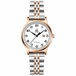 SHENGKE SK Klassische Business Damenuhren mit Edelstahlband und eleganter Damenuhr aus echtem Leder Silver-rosegold Angebot bei HelloDeals