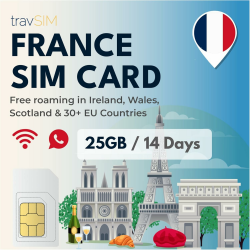 travSIM SIM Karte Frankreich | 25 GB Daten mit 4G/5G Geschwindigkeiten | Verwenden die Europa SIM-Karte im Vereinigten Königreich und in über 30 EU-Ländern | Plan der Europa SIM-Karte 14 Tage gültig. Angebot bei HelloDeals