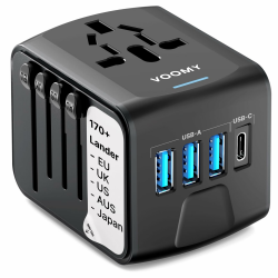 VOOMY Reiseadapter Weltweit, Universal Reisestecker mit 3USB, 1USB, 1AC Steckdose, Reiseadapter Europa USA Mexiko Australien Thailand, Reiseadapter Usa, Reisestecker Adapter Weltweit, Travel Adapter Angebot bei HelloDeals