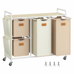 VASAGLE Wäschekorb 4 Fächer, Wäschesammler 150 L, Wäschesortierer, Rollen, Wäschewagen mit Ablage, Wäschesack, kleine seitliche Taschen, 6 Etiketten, naturbeige-kamelbraun-cremeweiß BLH203N01 Angebot bei HelloDeals
