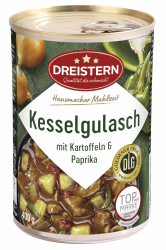 DREISTERN Kesselgulasch mit Kartoffeln und Paprika 400 g | leckeres Fertiggericht in der praktischen recycelbaren Konserve | Hausmacher Mahlzeit mit viel Fleisch und Gemüse Angebot bei HelloDeals