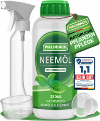 WALDBACH® Neemöl mit Emulgator [250ml] - Natürliches Neemöl für Pflanzen mit Sprühflasche und Messbecher - 25 Liter sprühfertige Mischung - Effektive Pflanzenpflege für Garten- & Zimmerpflanzen Angebot bei HelloDeals
