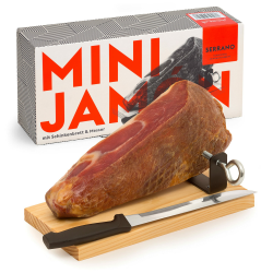 MINI-JAMON SERRANO von jamon.de | Im Geschenkkarton | Set mit Holzständer und Schinkenmesser Angebot bei HelloDeals