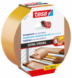 tesa Verlegeband extra stark klebend - Doppelseitiges Klebeband zum Verlegen von Teppich und PVC-Belag - doppelseitig klebend - 25 m x 50 mm Angebot bei HelloDeals